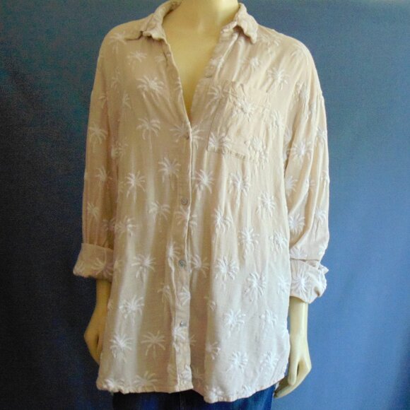 Malai Sand Palm Embroidered White Palm Trees Viscose Linen Cover up Shirt L - Picture 5 of 12